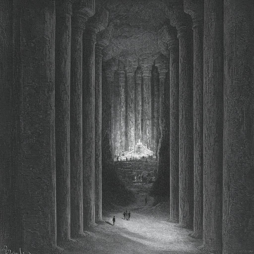 A massive underground cavern with towering pillars